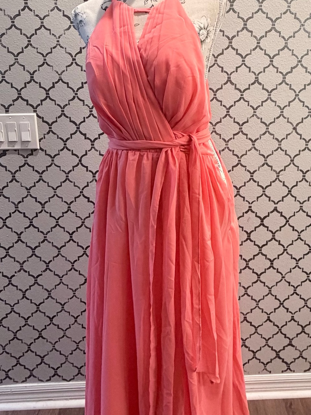 Coral Pink Chiffon Halter Maxi Dress Size 4 | Bridesmaid Wedding Formal